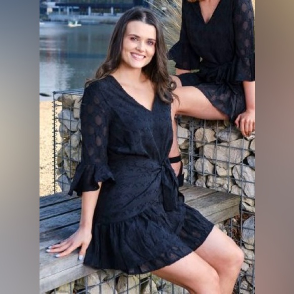 Religion Clothing Black Flutter Sleeve V-Neck Faux Wrap Mini Dress NWT Size L